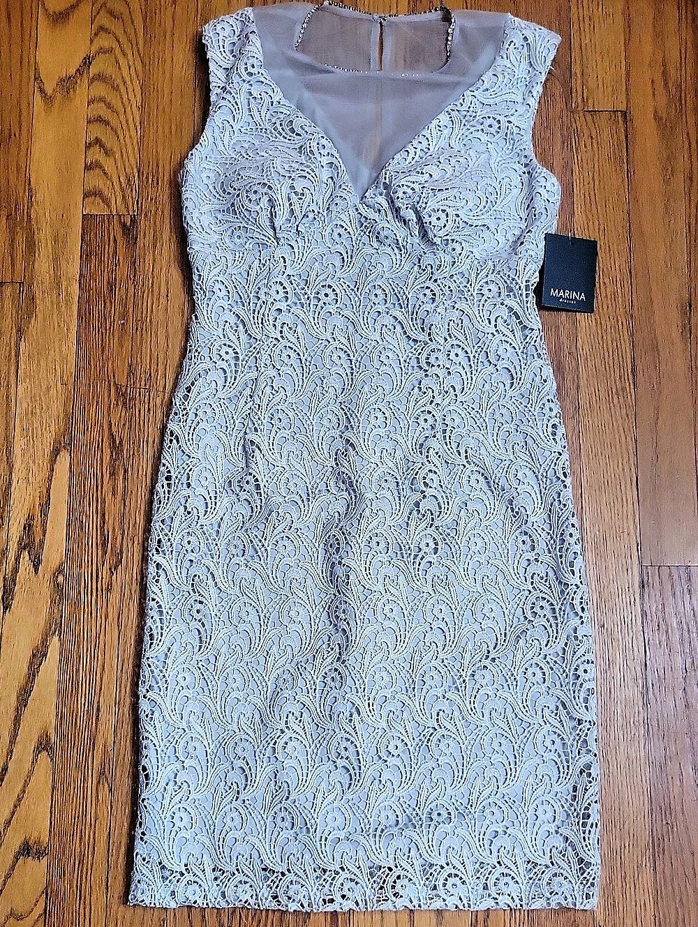 Marina Lace Mini Dress in Silver Size 4 NWT
